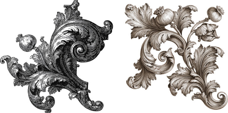 This intricate baroque corner scroll features twisting poppy pods and acanthus tips, crafted through exquisite woodcut engraving on a solid white background