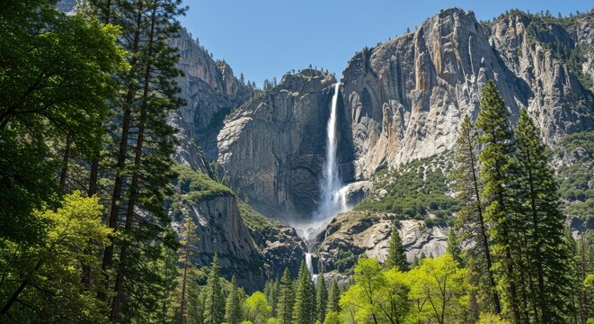 A serene waterfall cascades down a rocky cliff surrounded by lush green trees and foliage in a natural landscape.