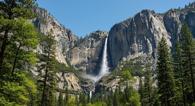 A serene waterfall cascades down a rocky cliffside surrounded by lush green trees and foliage in a natural landscape.
