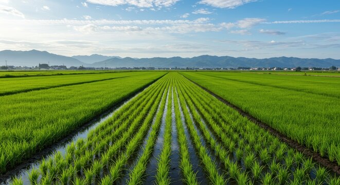 Aerial view of a vast rice field with lush green crops growing in rows under a blue sky with mountains in the distance