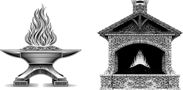 A blacksmiths coal forge in a 2D flat vector style with a white background, showcasing intricate flames rising from the coal bed within its anvil-like structure