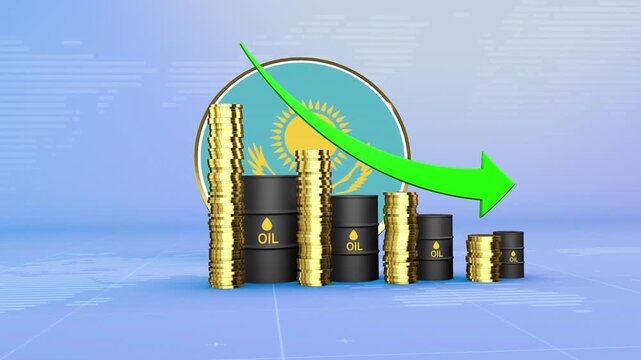 Kazakhstan Oil Prices Decline with Oil Barrels, Gold Coins and Downward Green Arrow, 3D Economic and Financial Market Concept