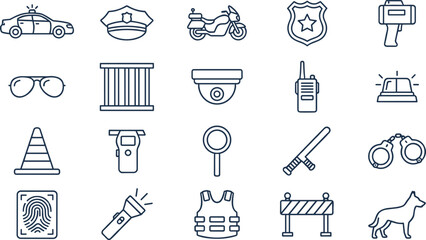 Law Enforcement and Police Line Icon Collection Featuring Patrol Car Officer Security Surveillance Evidence Handcuffs and Public Safety Vector Set © Minara