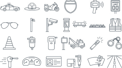 Police and Traffic Enforcement Line Icon Collection Featuring Patrol Car Speed Camera Security Checkpoint Surveillance and Public Safety Vector Set © Minara