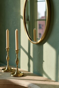 Brass candlesticks beneath round mirror on travertine shelf in Scandinavian interior