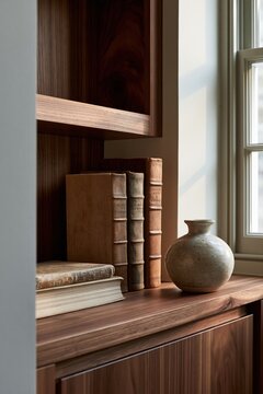 Walnut bookshelf with vintage books and ceramic vase in Scandinavian minimalist interior
