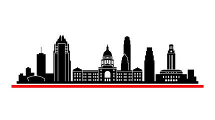 Naklejka premium Austin Texas city skyline black silhouette featuring the Texas State Capitol building, UT Tower, and Frost Bank Tower on a white background with a sharp horizontal red accent line.