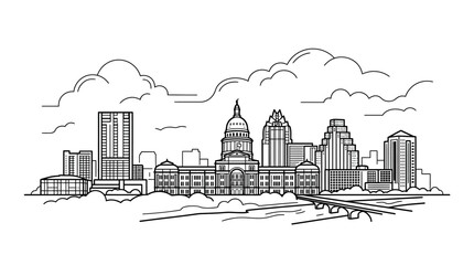 Obraz premium Black and white line art illustration of the Austin, Texas skyline featuring the State Capitol, Frost Bank Tower, and Congress Avenue Bridge over the Colorado River with clouds.