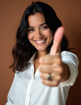 Young woman with dark wavy hair smiles brightly giving thumbs up. She wears white shirt, looks happy and positive. Studio indoor portrait with brown background.