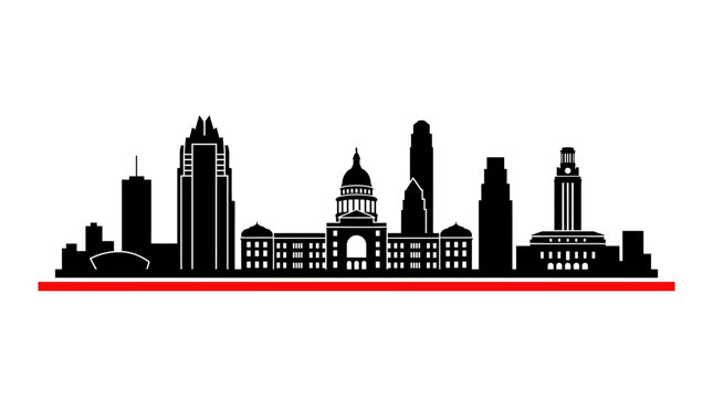 Austin Texas city skyline black silhouette featuring the Texas State Capitol building, UT Tower, and Frost Bank Tower on a white background with a sharp horizontal red accent line.
