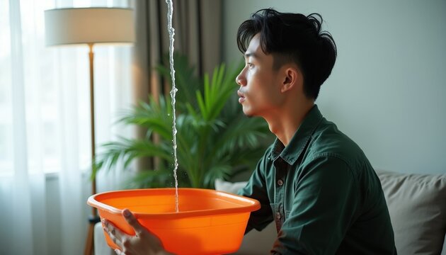 Asian man catches water from leaky ceiling in orange basin. Water drips from roof into container indoors. He looks worried fixing household plumbing problem at home.