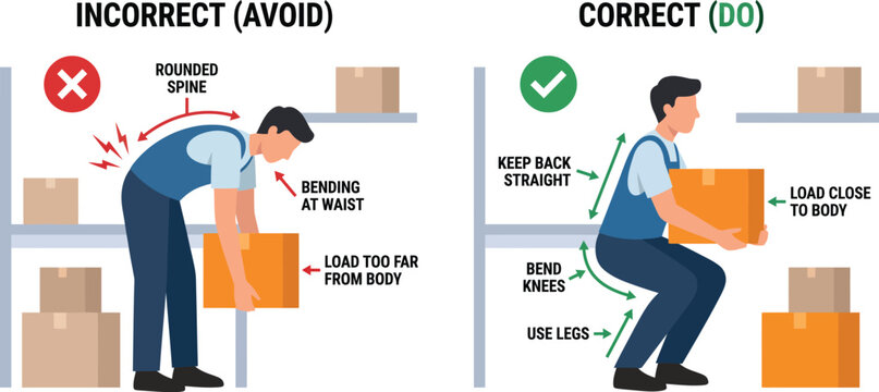 Man demonstrating correct and incorrect lifting techniques for safe manual handling in a warehouse setting