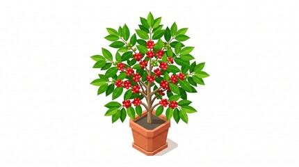 Naklejka premium Cartoon coffee plant in a terracotta pot with glossy green leaves and clusters of red and green coffee cherries. Bright and cheerful on white.