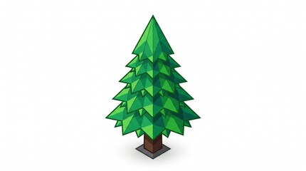 Obraz premium Low-poly pine tree with faceted green leaves and a brown trunk on a small gray base. Stylized, geometric, and clean on white.