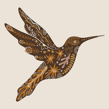 Minimalist mystical hummingbird vector with botanical elements, ornate crescent moon and wild flowers illustration, celestial bird line art, spiritual folk graphic design