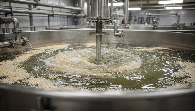 Medium shot of an open barium sulfate precipitation tank showing clear mixing of liquids with visible stirring action and particle formation in an industrial setting.