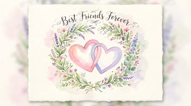 Best Friends Forever Watercolor Greeting Card with Two Interlocking Hearts and Lavender Floral Border