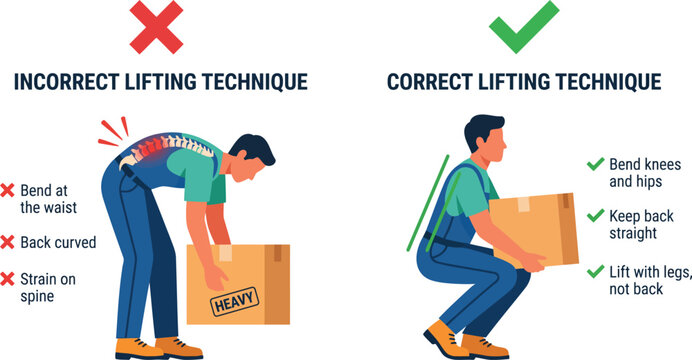 Worker demonstrating incorrect and correct lifting techniques with a box in a workshop setting