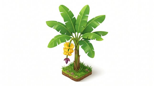 Cartoon banana tree with big green leaves, a bunch of yellow bananas, and a purple flower. Growing on grass with small rocks on white background.
