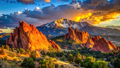 Naklejka premium Dramatic sunset illuminates towering red rock formations against a backdrop of snow-capped mountains and a vibrant sky.