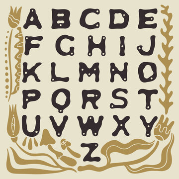 Funky hand-drawn groovy hippie alphabet vector with botanical elements, vintage 70s goblincore forest mushroom ABC kit, whimsical fairytale lettering set for typography design