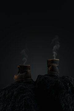 3d rendering of old leather hiking boots laying on large rock in front of grey background