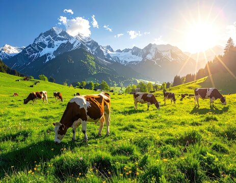 Cows grazing in a lush green meadow with majestic mountains in the background under a bright sunny sky.