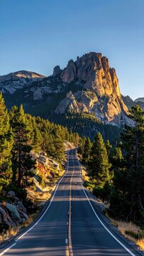 A winding road leads towards majestic, sun-kissed mountains framed by a forest.