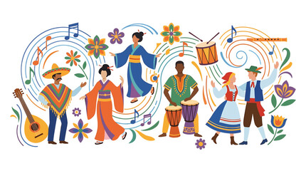 Fototapeta premium Diverse group of people from different cultures dancing and playing musical instruments.