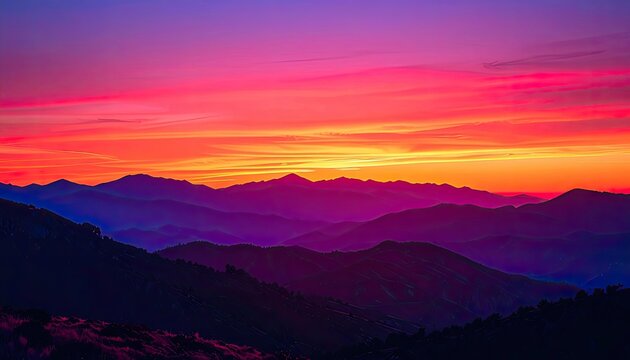 Serene mountain range bathed in the vibrant hues of a sunset sky.