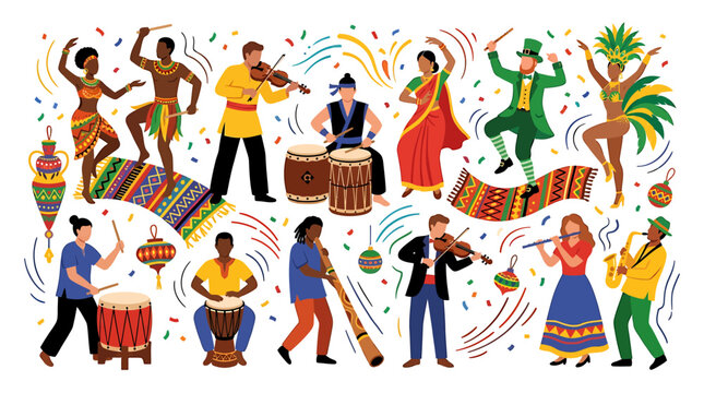 Diverse group of people celebrating world music and dance traditions.