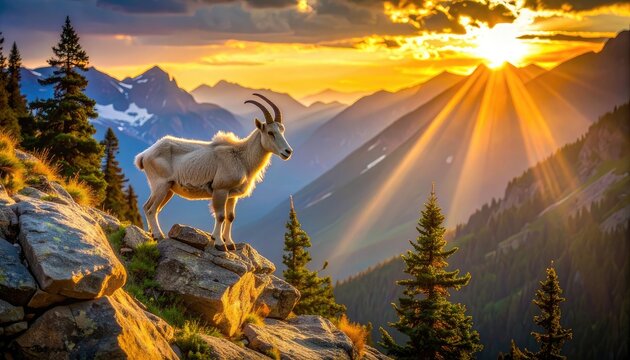 A majestic mountain goat surveys a breathtaking alpine landscape at sunrise.