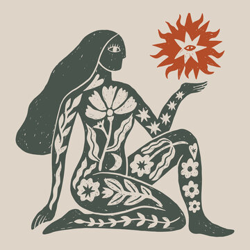 Divine goddess vector clipart illustration, minimalist sacred magic woman silhouette, celestial boho branding element, mystical female deity line art for tarot and wellness logo