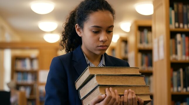 Teenager Researching Library with Stack of Books
