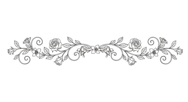 Symmetrical horizontal floral vine border with hand-drawn roses, blooming buds, and decorative leaves. Black line art divider on white background for invitations and coloring books.