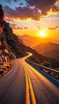 A winding mountain road bathed in the golden light of sunset.