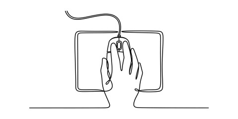 Continuous single line drawing of a human hand using a computer mouse on a rectangular mouse pad for office work and digital technology concepts © Vector Art Gallery 