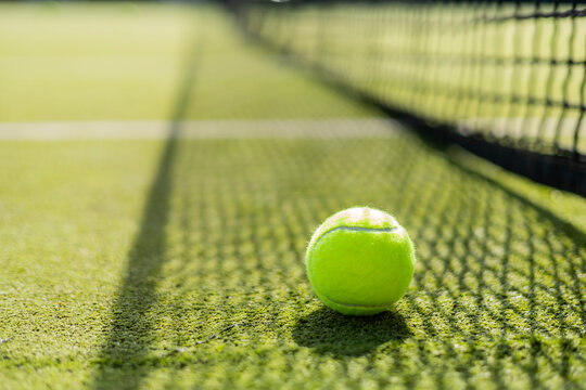 Bright greenish yellow tennis ball, court shadow and green texture of grass turf game match outdoor