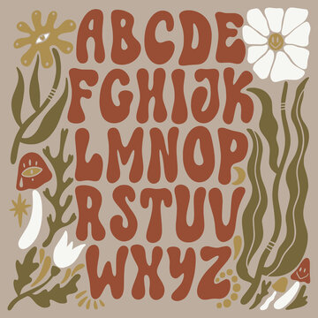Funky hand-drawn groovy hippie alphabet vector with botanical elements, vintage 70s goblincore forest mushroom ABC kit, whimsical fairytale lettering set for typography design