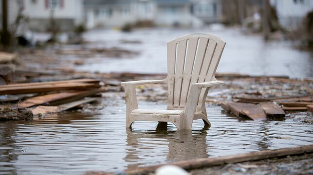 Flooded neighborhood with chair and debris in water