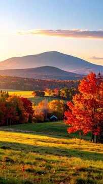 A picturesque rural landscape bathed in the warm glow of autumn sunset.