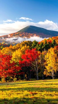 Majestic mountain peak bathed in sunlight amidst vibrant autumn foliage.