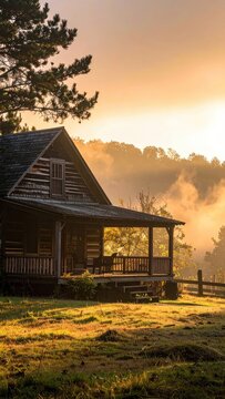 A rustic log cabin sits peacefully as the morning sun casts a warm glow through the mist.