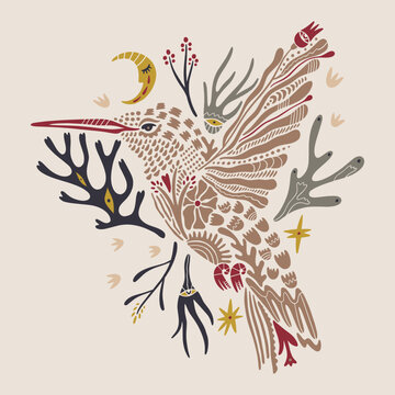 Minimalist mystical hummingbird vector with botanical elements, ornate crescent moon and wild flowers illustration, celestial bird line art, spiritual folk graphic design