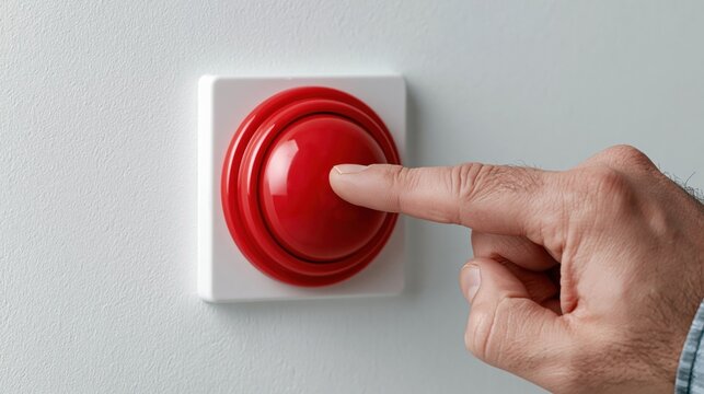 Hand pressing a red emergency panic button mounted on a wall for safety, security, and emergency response.