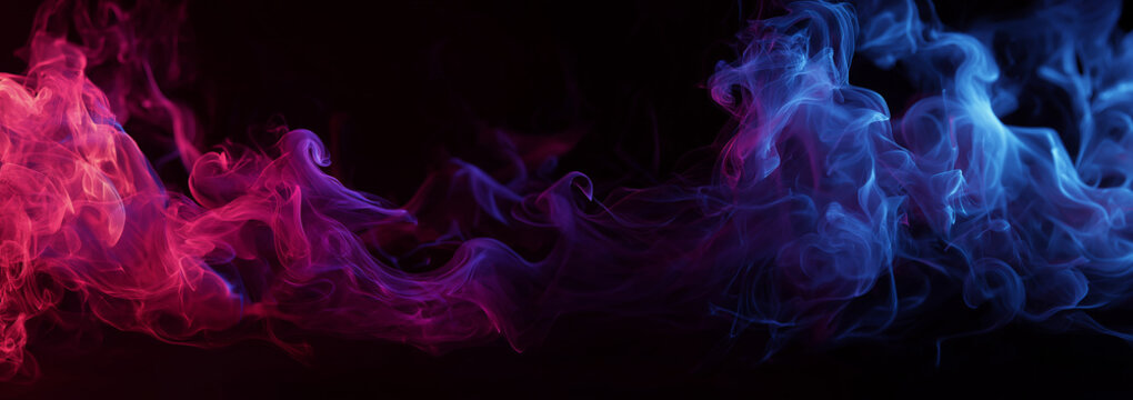 fiery red and blue flames on a black background, creating a burning color smoke effect with neon light. the color palette includes dark red, purple, orange, pink, violet, yellow, and green, presented 