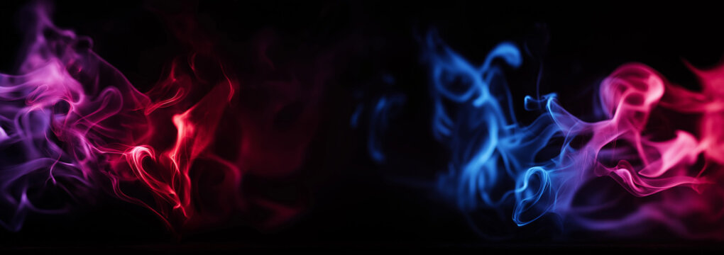 fiery red and blue flames on a black background, creating a burning color smoke effect with neon light. the color palette includes dark red, purple, orange, pink, violet, yellow, and green, presented 