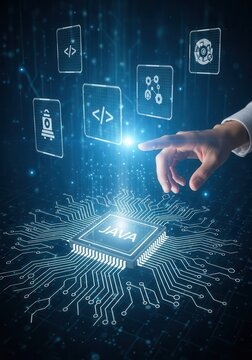 Java Programming Language Concept with CPU Microchip and Software Development Icons on Digital Background
