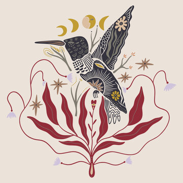 Minimalist mystical hummingbird vector with botanical elements, ornate crescent moon and wild flowers illustration, celestial bird line art, spiritual folk graphic design