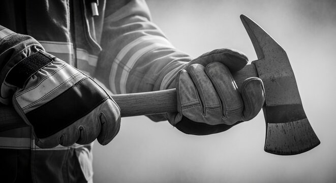 Close-up of firefighter hands in protective gloves firmly gripping an axe handle, ready for action